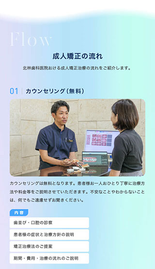 成人矯正の流れ｜北林歯科医院おける成人矯正治療の流れをご紹介します。｜01カウンセリング（無料）